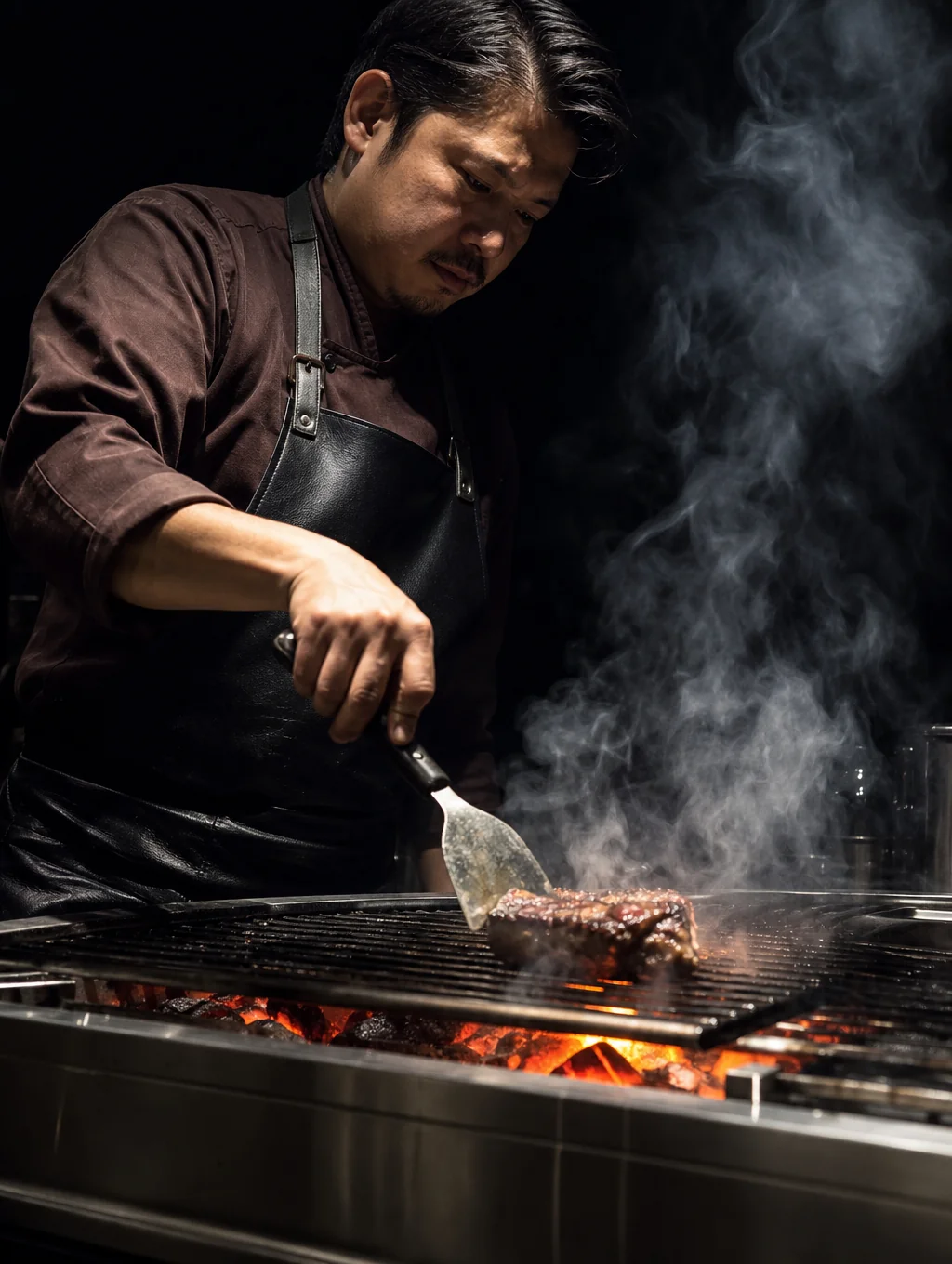 Chef searing prime cuts over olive wood embers in the open kitchen
