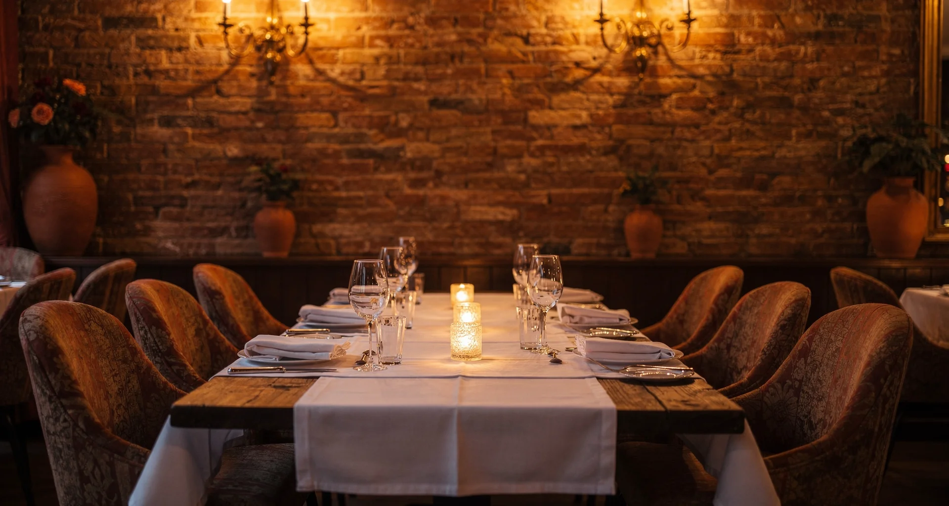 Secluded private dining table set for ten with crystal decanters and custom leather seating