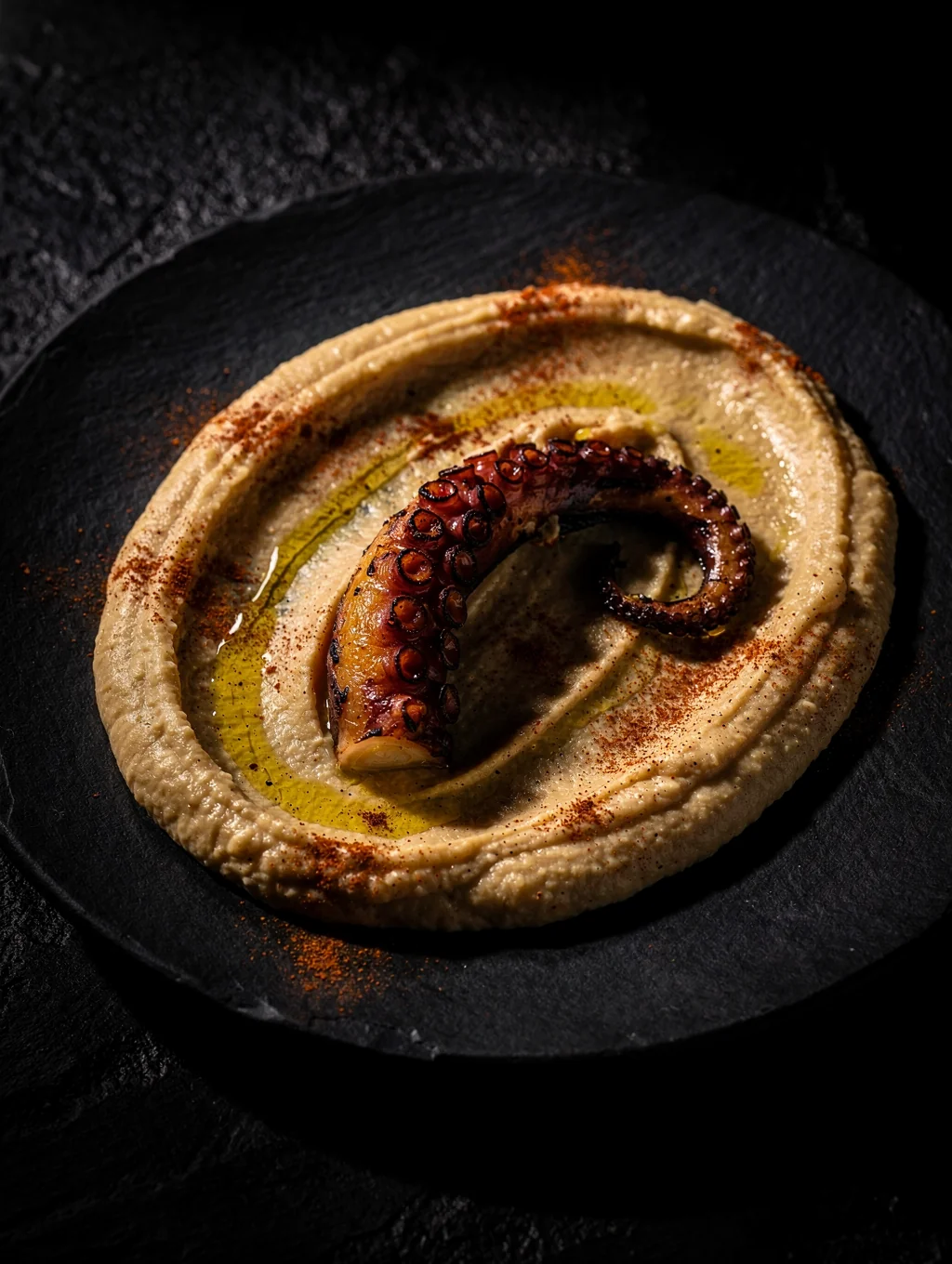 Crispy charred Mediterranean octopus tentacle over chickpea purée with Sicilian blood orange glaze