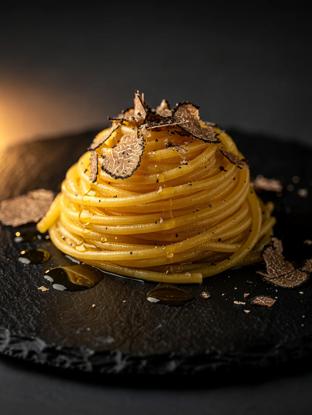 Artfully plated fresh egg pasta tagliolini topped with shaved white Alba truffles and cultured butter