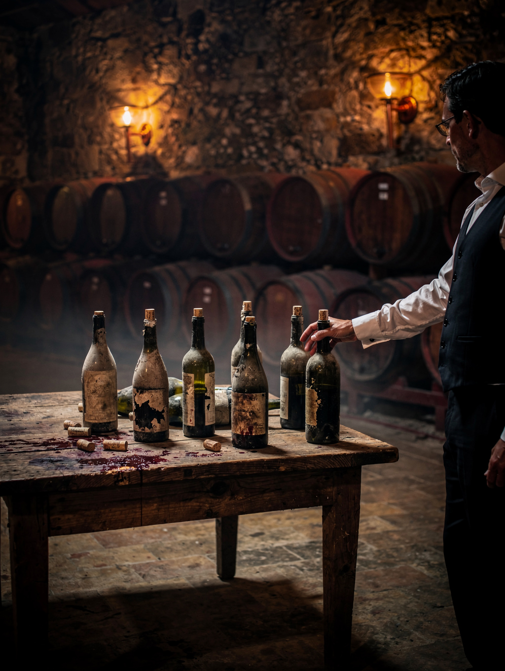 Sommelier wine cellar with curated Italian vintage bottles and illuminated terracotta arches